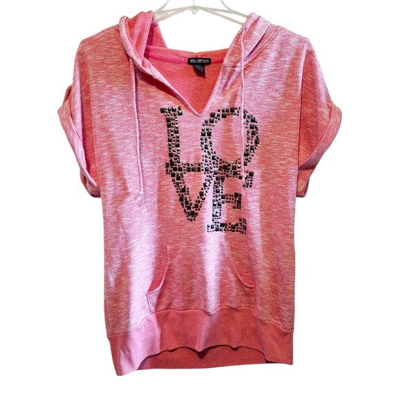 Miss Chievous Pink Short-Sleeve Hooded Sweatshirt W/ Black Studded "Love" Design - Picture 1 of 7